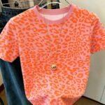 Elorivane Women's Neon Orange Leopard Tee, Round Neck Short Sleeve Simple Casual Summer T-Shirt