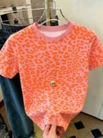 Elorivane Women's Neon Orange Leopard Tee, Round Neck Short Sleeve Simple Casual Summer T-Shirt