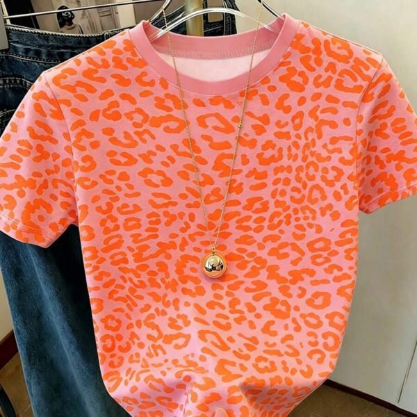 Elorivane Women's Neon Orange Leopard Tee, Round Neck Short Sleeve Simple Casual Summer T-Shirt