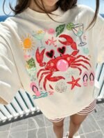 Elorivane Women's Crab Blowing Bubbles Graphic Tee, Casual Short Sleeve for Summer Beach Vacation