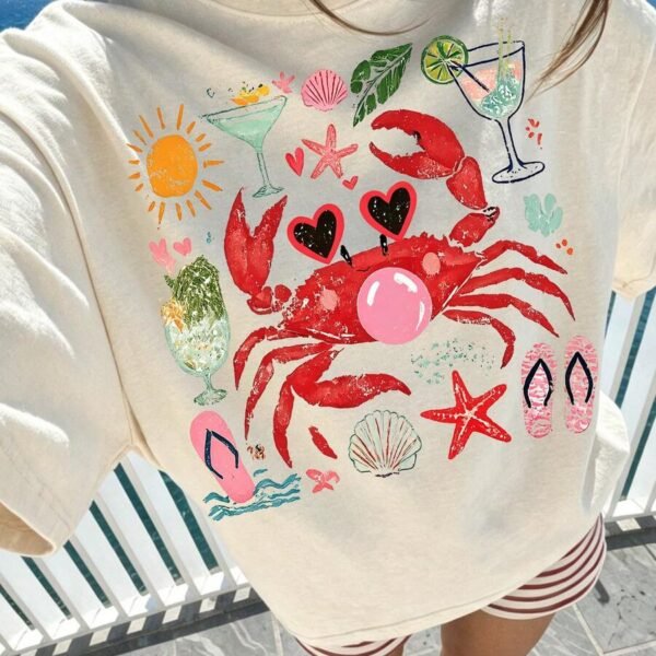 Elorivane Women's Crab Blowing Bubbles Graphic Tee, Casual Short Sleeve for Summer Beach Vacation