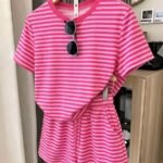 Elorivane Women's Pink Floral 2-Piece Co-Ord, Short Sleeve Tee & Shorts, Elegant Summer Set
