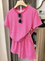 Elorivane Women's Pink Floral 2-Piece Co-Ord, Short Sleeve Tee & Shorts, Elegant Summer Set