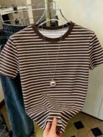 Elorivane Women's Pink-Brown Striped Y2K Tee, Casual Summer - Image 67