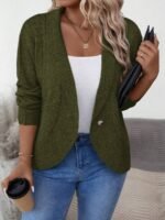 Elorivane Plus Size Solid Color Loose Fit Long Sleeve Cardigan for Fall Winter Casual Wear - Image 23