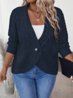 Elorivane Plus Size Solid Color Loose Fit Long Sleeve Cardigan for Fall Winter Casual Wear - Image 16