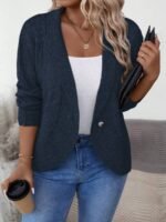 Elorivane Plus Size Solid Color Loose Fit Long Sleeve Cardigan for Fall Winter Casual Wear - Image 18