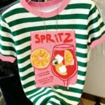 Elorivane Women's Striped Cocktail Club Tee, Round Neck Casual Vacationcore Summer Beach