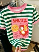 Elorivane Women's Striped Cocktail Club Tee, Round Neck Casual Vacationcore Summer Beach