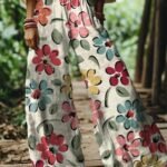 Elorivane Women's Bohemian Style Watercolor Floral Print Plus Size Wide Leg Pants, Vacation Style, Plus Size Pants Fall