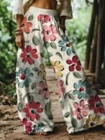 Elorivane Women's Bohemian Style Watercolor Floral Print Plus Size Wide Leg Pants, Vacation Style, Plus Size Pants Fall