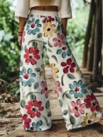 Elorivane Women's Bohemian Style Watercolor Floral Print Plus Size Wide Leg Pants, Vacation Style, Plus Size Pants Fall - Image 2