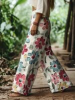 Elorivane Women's Bohemian Style Watercolor Floral Print Plus Size Wide Leg Pants, Vacation Style, Plus Size Pants Fall - Image 3