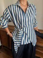 Elorivane Plus Size White Shirt, Lapel Half-Open Tie Hem Long Sleeve Spring Autumn Blouse - Image 32
