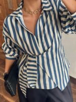 Elorivane Plus Size White Shirt, Lapel Half-Open Tie Hem Long Sleeve Spring Autumn Blouse - Image 26