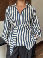 Elorivane Plus Size White Shirt, Lapel Half-Open Tie Hem Long Sleeve Spring Autumn Blouse - Image 29