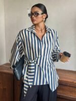 Elorivane Plus Size White Shirt, Lapel Half-Open Tie Hem Long Sleeve Spring Autumn Blouse - Image 25