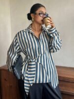 Elorivane Plus Size White Shirt, Lapel Half-Open Tie Hem Long Sleeve Spring Autumn Blouse - Image 33