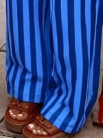 Elorivane Women Blue & White Striped Woven Wide Leg Beach Pants, Casual Spring Summer Trousers - Image 51
