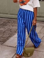 Elorivane Women Blue & White Striped Woven Wide Leg Beach Pants, Casual Spring Summer Trousers - Image 49