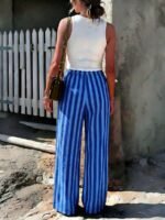 Elorivane Women Blue & White Striped Woven Wide Leg Beach Pants, Casual Spring Summer Trousers - Image 50