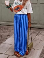 Elorivane Women Blue & White Striped Woven Wide Leg Beach Pants, Casual Spring Summer Trousers - Image 48
