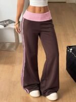 Elorivane Women French Grey Rib Knit Flare Pants, White Turn-Down Y2K Vintage Streetwear Trousers - Image 5