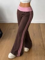Elorivane Women French Grey Rib Knit Flare Pants, White Turn-Down Y2K Vintage Streetwear Trousers - Image 3