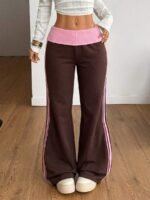 Elorivane Women French Grey Rib Knit Flare Pants, White Turn-Down Y2K Vintage Streetwear Trousers - Image 4