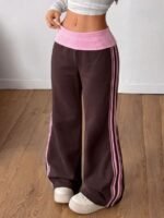 Elorivane Women French Grey Rib Knit Flare Pants, White Turn-Down Y2K Vintage Streetwear Trousers