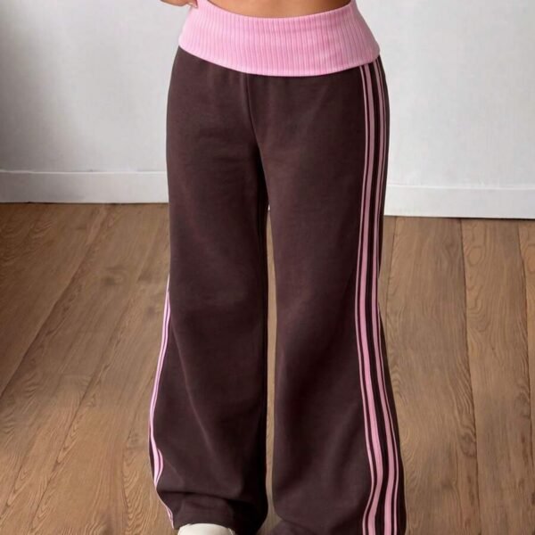 Elorivane Women French Grey Rib Knit Flare Pants, White Turn-Down Y2K Vintage Streetwear Trousers