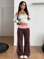 Elorivane Women French Grey Rib Knit Flare Pants, White Turn-Down Y2K Vintage Streetwear Trousers - Image 2