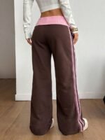 Elorivane Women French Grey Rib Knit Flare Pants, White Turn-Down Y2K Vintage Streetwear Trousers - Image 6
