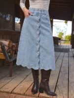 Elorivane Women Dark Blue Denim A Line Midi Skirt, High Waist Scalloped Button Front Western Cowgirl Fall Winter Country Skirt - Image 27