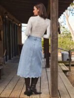 Elorivane Women Dark Blue Denim A Line Midi Skirt, High Waist Scalloped Button Front Western Cowgirl Fall Winter Country Skirt - Image 28