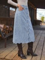 Elorivane Women Dark Blue Denim A Line Midi Skirt, High Waist Scalloped Button Front Western Cowgirl Fall Winter Country Skirt - Image 29