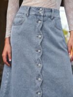 Elorivane Women Dark Blue Denim A Line Midi Skirt, High Waist Scalloped Button Front Western Cowgirl Fall Winter Country Skirt - Image 30