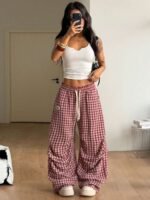 Elorivane Women Brown Polka Dot Parachute Pants, Wide Leg Athleisure Casual Trousers - Image 6