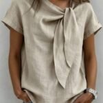 Elorivane Vacation Style Holiday Series Women's Woven Round Neck Tie Front Blouse, Plus Size Shirt