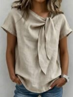 Elorivane Vacation Style Holiday Series Women's Woven Round Neck Tie Front Blouse, Plus Size Shirt