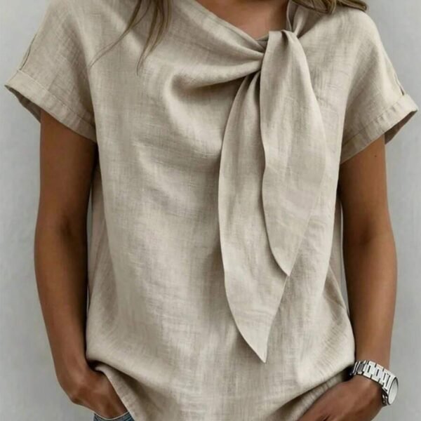 Elorivane Vacation Style Holiday Series Women's Woven Round Neck Tie Front Blouse, Plus Size Shirt