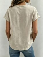 Elorivane Vacation Style Holiday Series Women's Woven Round Neck Tie Front Blouse, Plus Size Shirt - Image 2