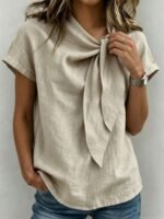 Elorivane Vacation Style Holiday Series Women's Woven Round Neck Tie Front Blouse, Plus Size Shirt - Image 3