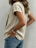 Elorivane Vacation Style Holiday Series Women's Woven Round Neck Tie Front Blouse, Plus Size Shirt - Image 4