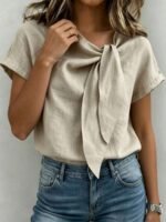 Elorivane Vacation Style Holiday Series Women's Woven Round Neck Tie Front Blouse, Plus Size Shirt - Image 5