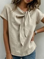 Elorivane Vacation Style Holiday Series Women's Woven Round Neck Tie Front Blouse, Plus Size Shirt - Image 6