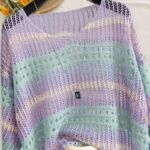 Elorivane Plus Size Contrast Striped Round Neck Knit Top Cutout Crochet Details Loose Fit for Spring Summer Casual Wear