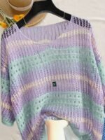Elorivane Plus Size Contrast Striped Round Neck Knit Top Cutout Crochet Details Loose Fit for Spring Summer Casual Wear