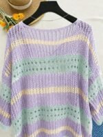 Elorivane Plus Size Contrast Striped Round Neck Knit Top Cutout Crochet Details Loose Fit for Spring Summer Casual Wear - Image 2