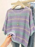 Elorivane Plus Size Contrast Striped Round Neck Knit Top Cutout Crochet Details Loose Fit for Spring Summer Casual Wear - Image 3